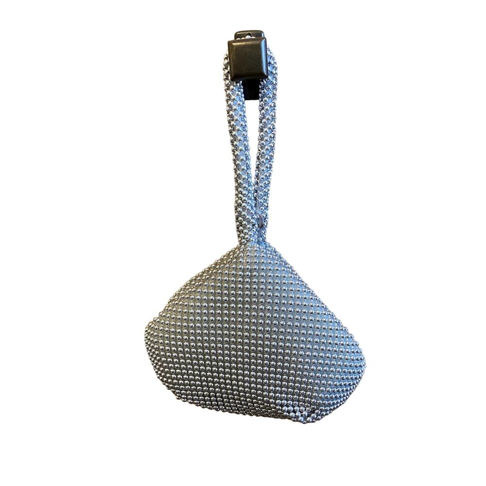 Silver Beaded Mesh Cutesy Pouch Wristlet Bag Sparkle Mini Handbag Party